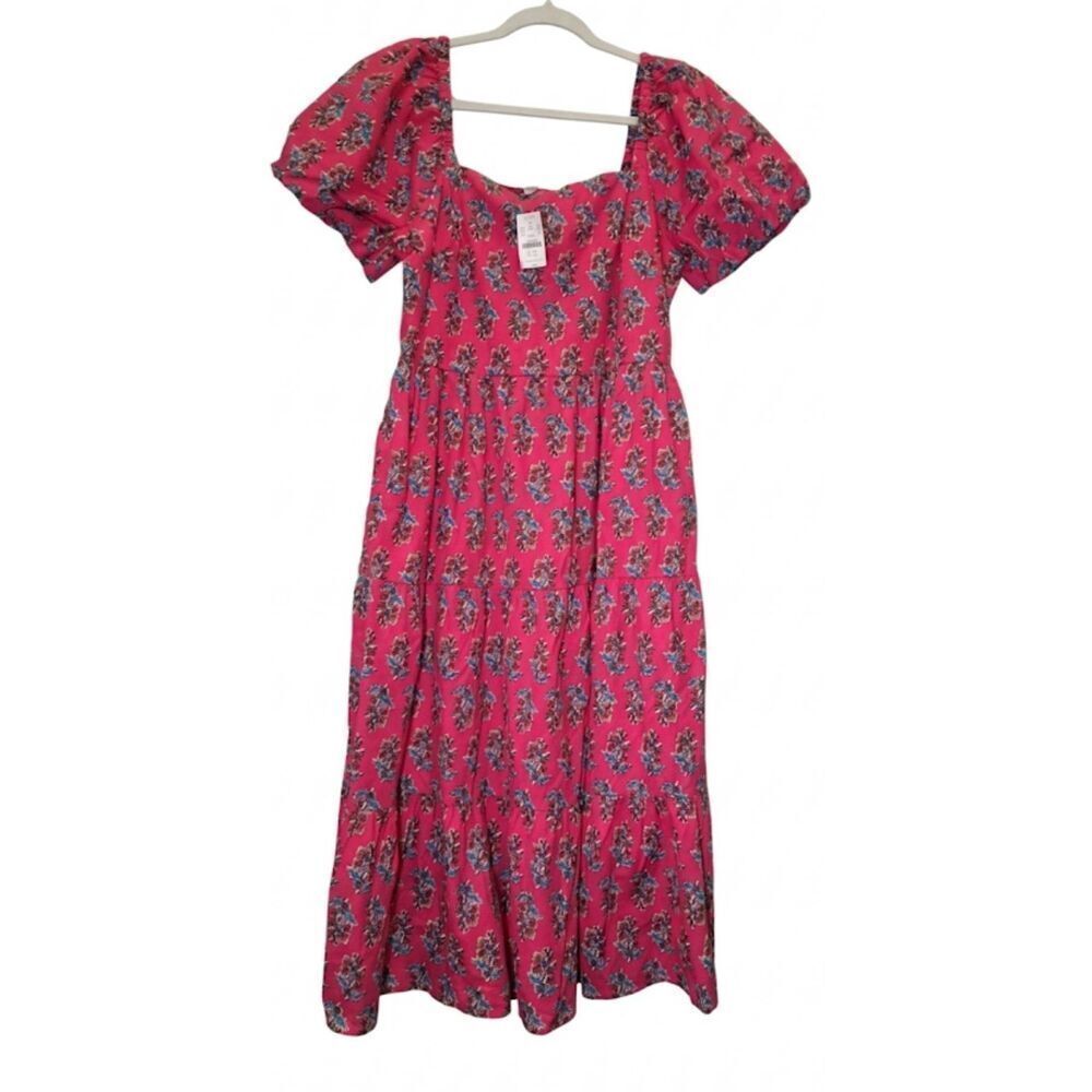 J.crew womens size 14 long maxi dress pink square neck tiered cottagecore